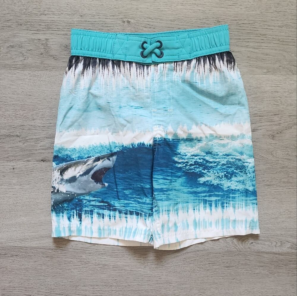 Wonder Nation Boy's Swimwear Shark & Waves Graphic Swim Trunks X-Small XS 4-5